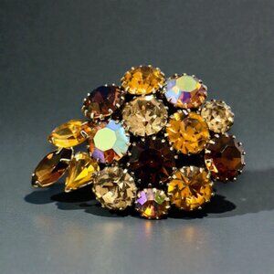 Vintage Karu Arke Inc. Topaz AB Rhinestone Brooch Signed 1960's Statement Leaf
